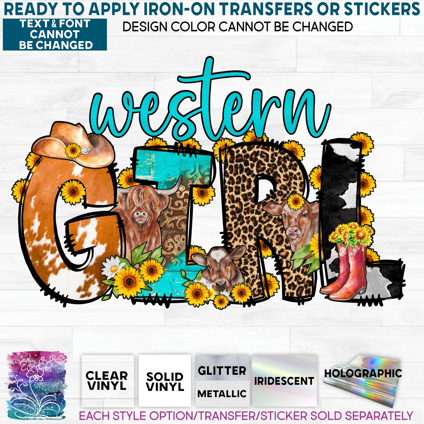 (s036-4B) Western Girl Sunflowers Cow Cowgirl Hat Boots Glitter or Vinyl Iron-On Transfer or Sticker