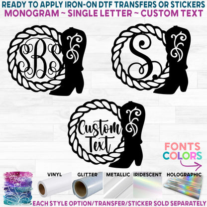 (s036-2D) Western Cowboy Boot Rope Monogram Printed Heat Transfer or Sticker