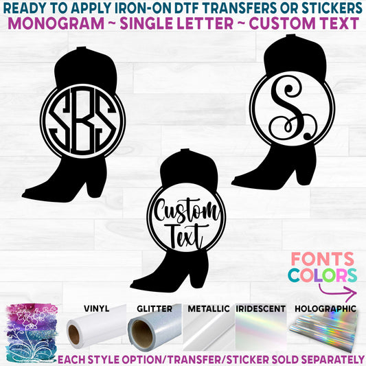 (s036-2E) Western Cowboy Boot Monogram Printed Heat Transfer or Sticker