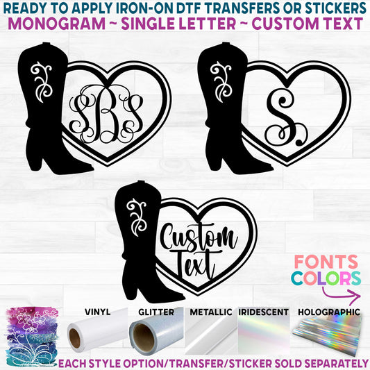 (s036-2F) Western Cowboy Boot Heart Monogram Printed Heat Transfer or Sticker