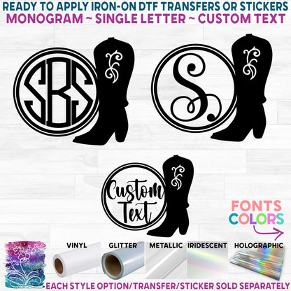 (s036-2G) Western Cowboy Boot Monogram Printed Heat Transfer or Sticker