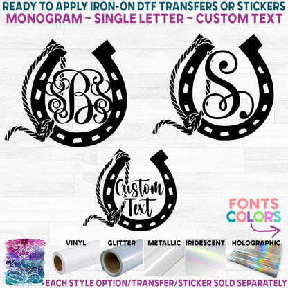 (s036-2H) Western Rope Horseshoe Monogram Printed Heat Transfer or Sticker