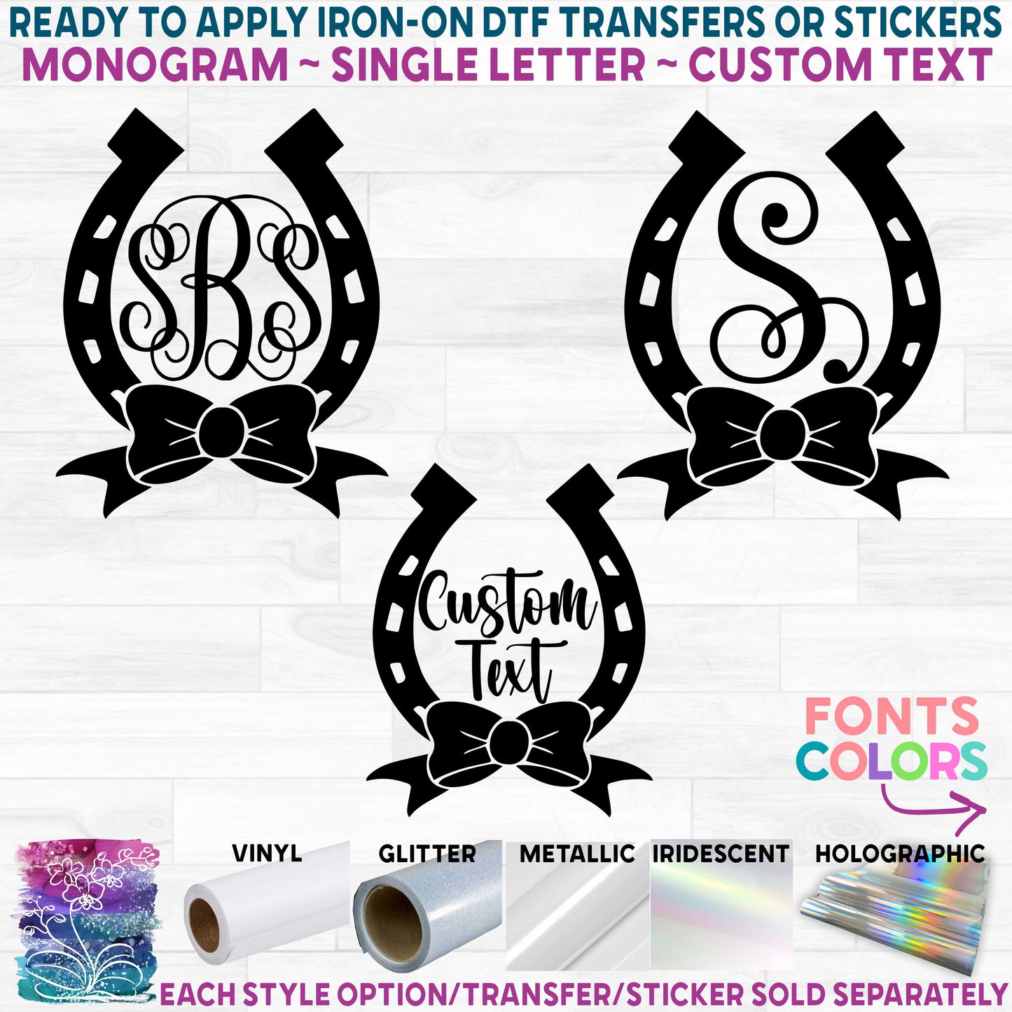 (s036-2J) Western Horseshoe Bow Monogram Printed Heat Transfer or Sticker