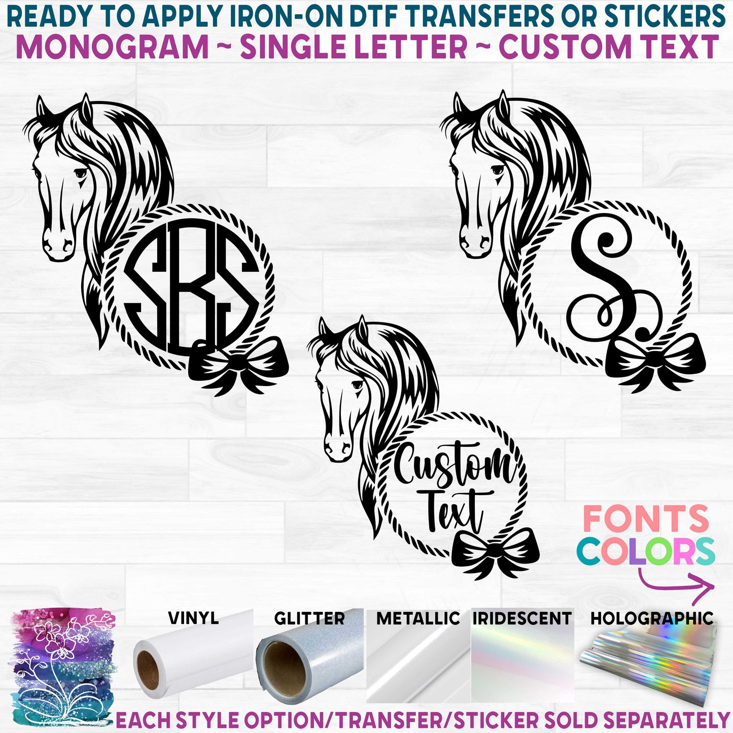 (s036-2M) Horse Monogram Printed Heat Transfer or Sticker