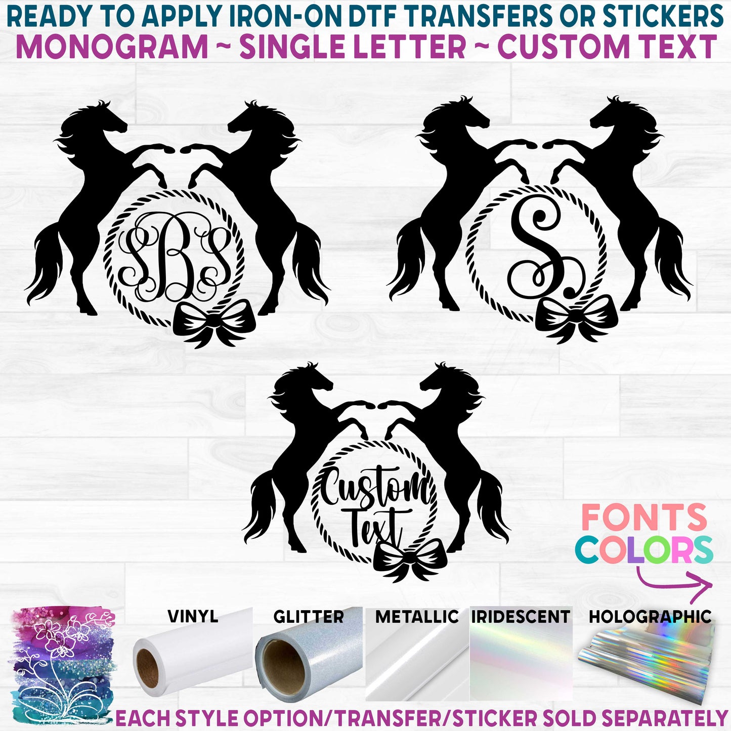 (s036-2O) Horse Monogram Printed Heat Transfer or Sticker