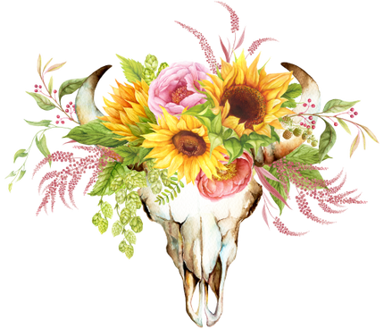 (s374-D) Cow Skull Sunflowers