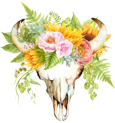 (s374-F) Cow Skull Sunflowers