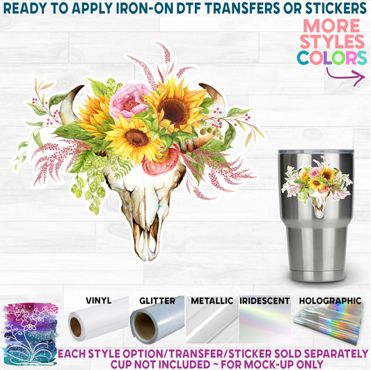 (s374) Cow Skulls Sunflowers Peonies Roses Watercolor Flowers Printed Heat Transfer or Sticker