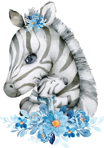 (s376-E) Zebra Mom & Baby Blue Flowers