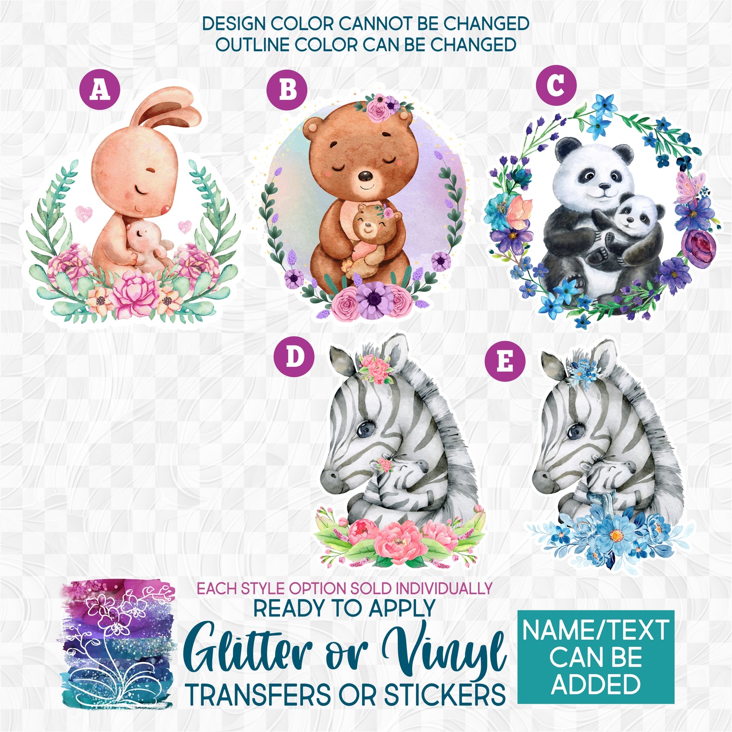 (s376) Watercolor Mom & Baby Bunny Rabbit Bear Panda Zebra Glitter or Vinyl Iron-On Transfer or Sticker