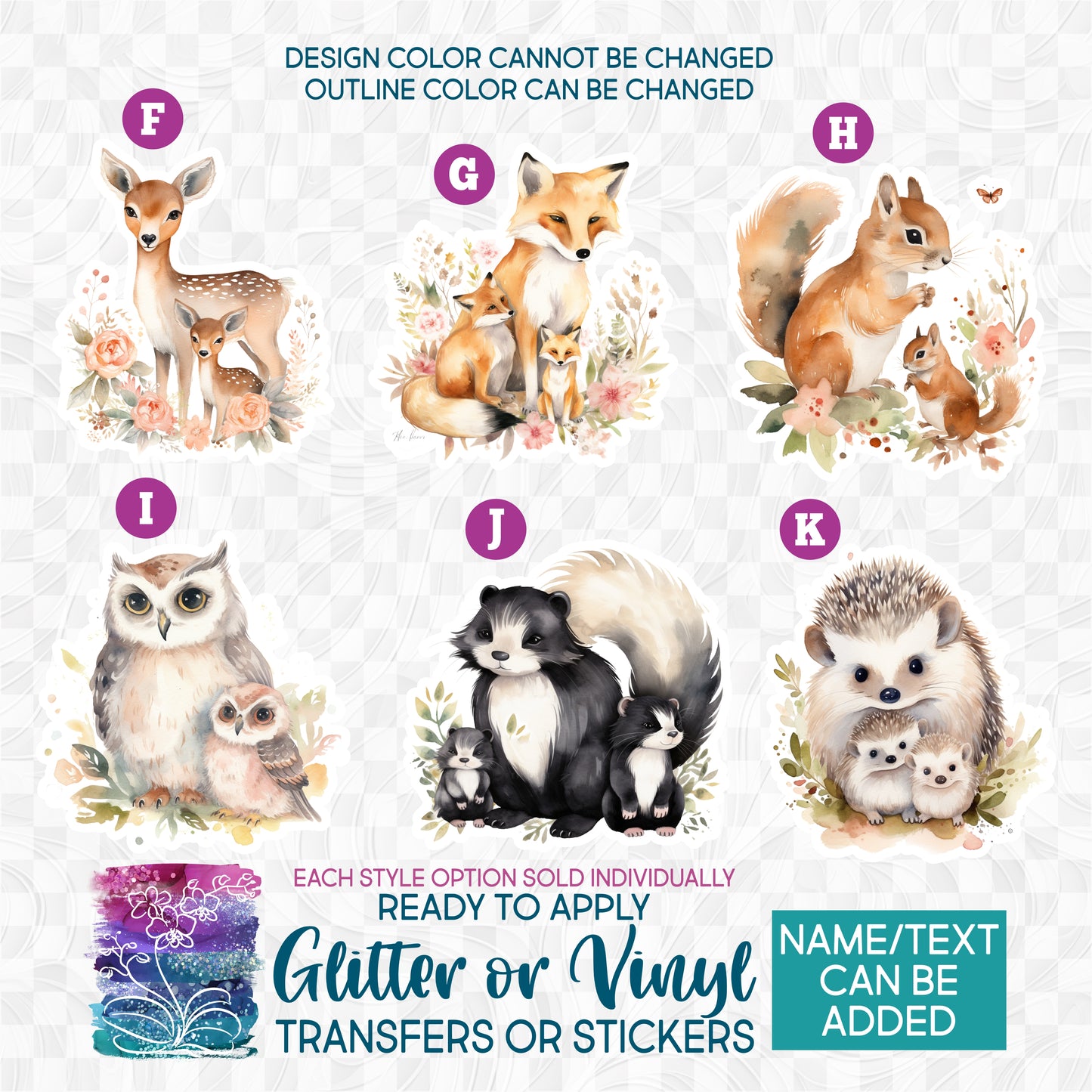 (s376) Watercolor Mom & Baby Deer Fox Squirrel Owl Skunk Hedgehog Glitter or Vinyl Iron-On Transfer or Sticker
