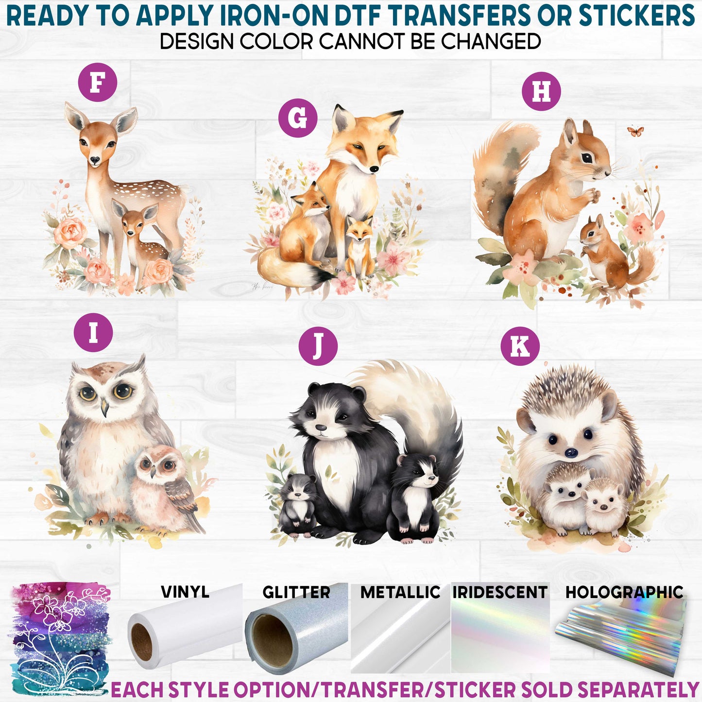 (s376) Watercolor Mom & Baby Deer Fox Squirrel Owl Skunk Hedgehog Printed Heat Transfer or Sticker