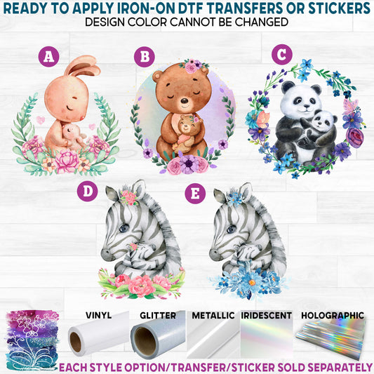 (s376) Watercolor Mom & Baby Bunny Rabbit Bear Panda Zebra Printed Heat Transfer or Sticker