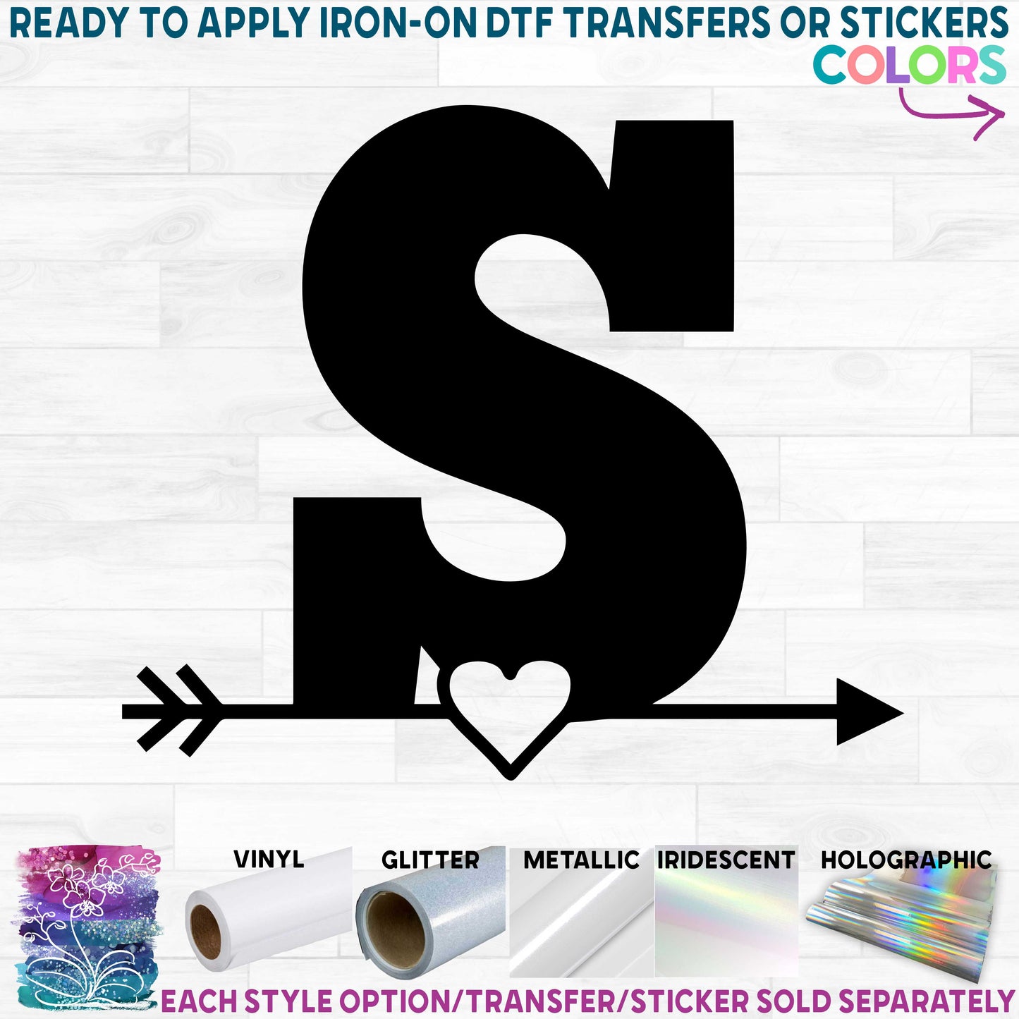 (s377-1) Block Heart Arrow Single Letters Printed Heat Transfer or Sticker