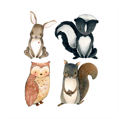 (s379-G2) Set of 4 Forest Animals Rabbit Hare Skunk Owl Squirrel