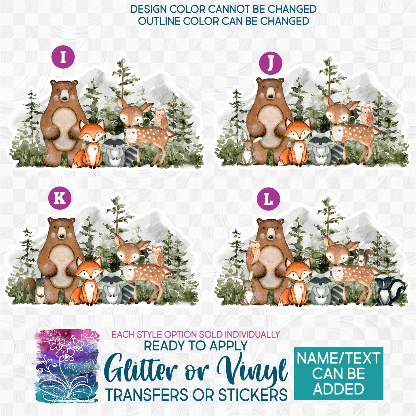 (s379) Watercolor Woodland Animals Forest Landscape Glitter or Vinyl Iron-On Transfer or Sticker