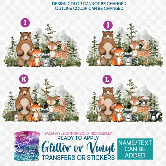 (s379) Watercolor Woodland Animals Forest Landscape Glitter or Vinyl Iron-On Transfer or Sticker