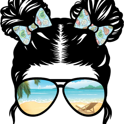 (382-Beach-B) Messy Bun Hair Girl Beach View Sunglasses