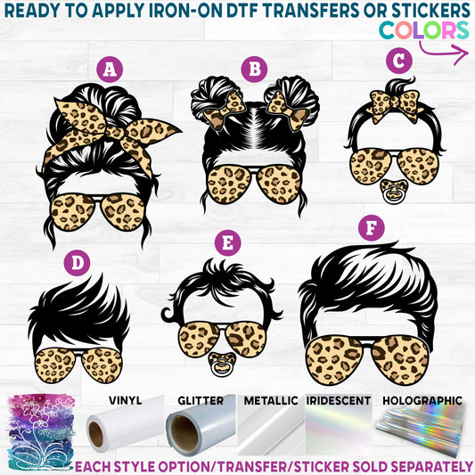 (s382-A) P4011 #Momlife #Dadlife #Kidlife #Babylife Animal Leopard Messy Bun Printed Heat Transfer or Sticker