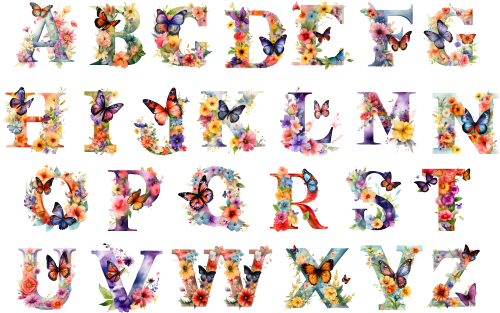 (384-01) Butterfly Floral Flower Monogram Letter All Letters A-Z
