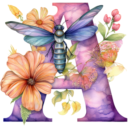 (384-02) Dragonfly Floral Flower Monogram Letter All Letters A-Z