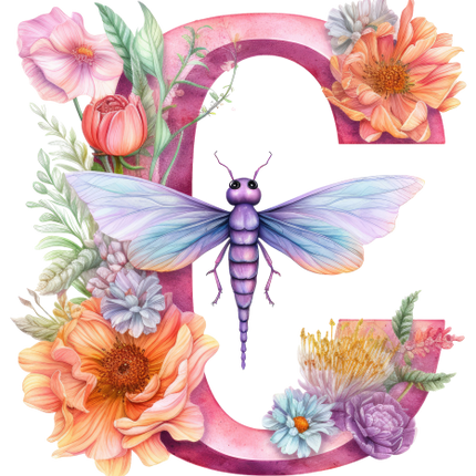 (384-02) Dragonfly Floral Flower Monogram Letter All Letters A-Z