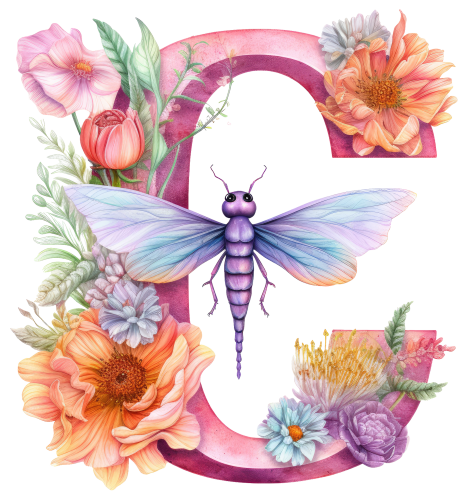 (s384-2) Dragonfly Floral Flower Monogram Letter All Letters A-Z