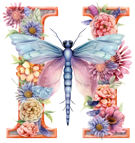 (s384-2) Dragonfly Floral Flower Monogram Letter All Letters A-Z
