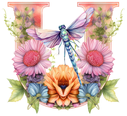 (s384-2) Dragonfly Floral Flower Monogram Letter All Letters A-Z