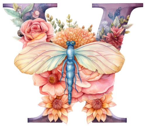 (s384-2) Dragonfly Floral Flower Monogram Letter All Letters A-Z