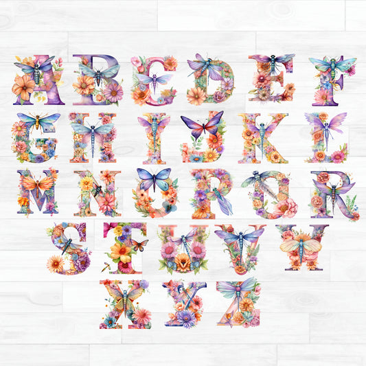 (s384-2) Watercolor Dragonfly Floral Flower Monogram Letters Glitter or Vinyl Iron-On Transfer or Sticker