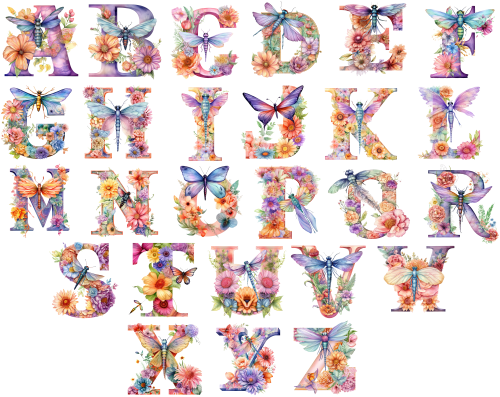(s384-2) Dragonfly Floral Flower Monogram Letter All Letters A-Z