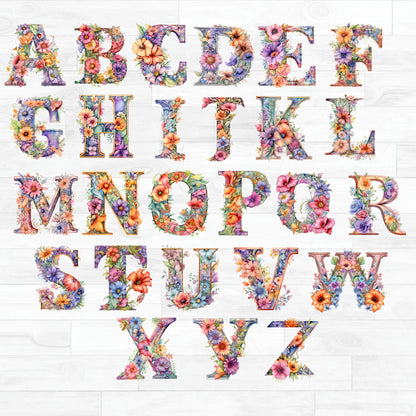 (s384-4) Watercolor Floral Flower Monogram Letters Printed Heat Transfer or Sticker