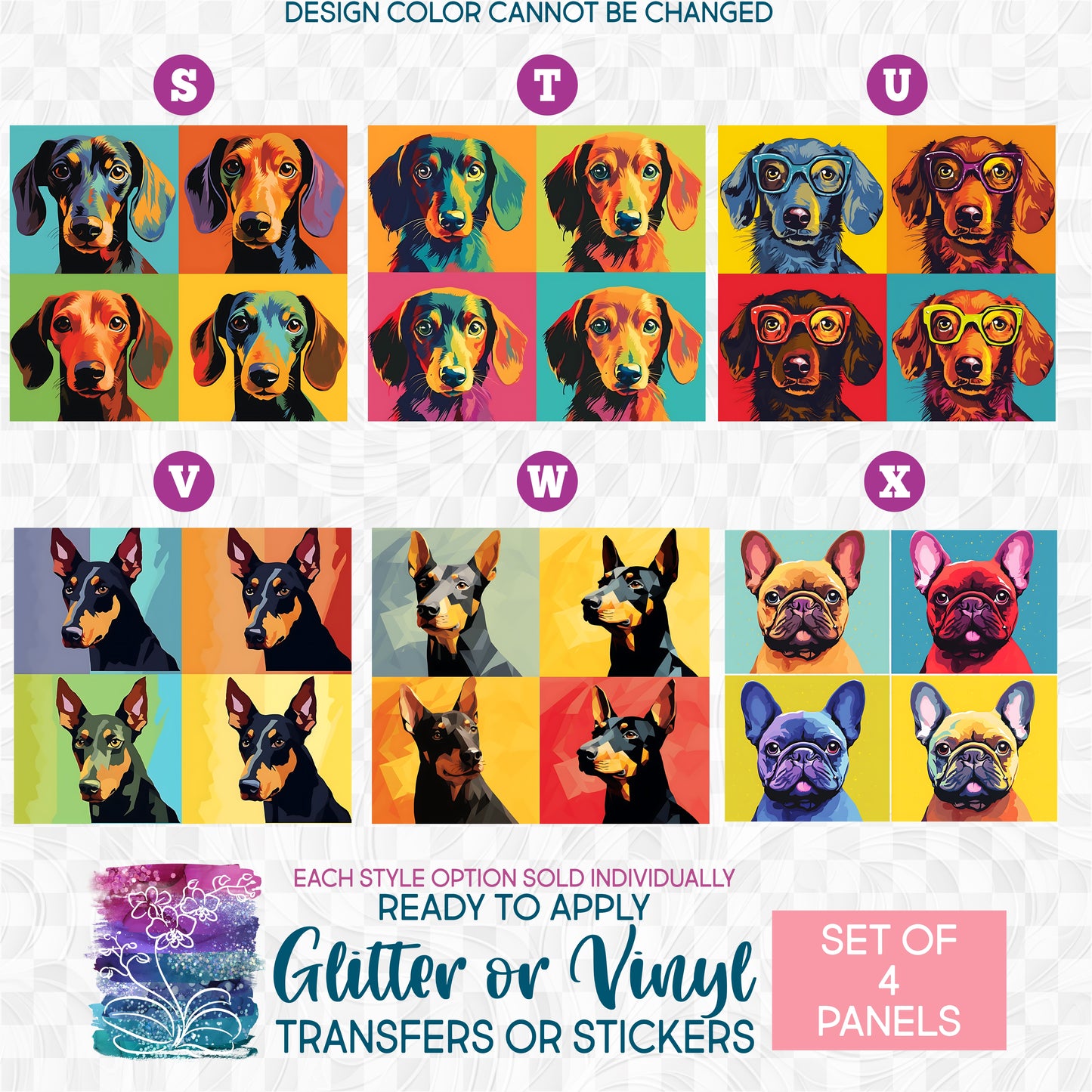 (s388-1) Pop Art Dog Dogs Glitter or Vinyl Iron-On Transfer or Sticker