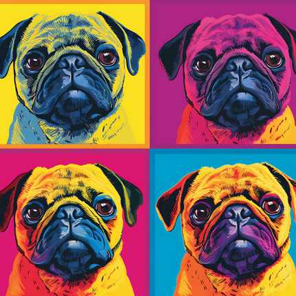 (s388-3-2L) Pop Art 4 Panel Dog Pug