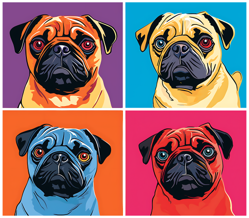 (s388-3-2M) Pop Art 4 Panel Dog Pug