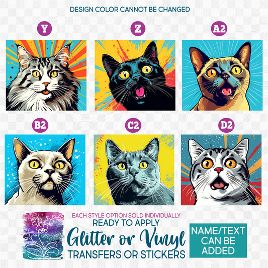 (s388-4) Pop Art Cats Glitter or Vinyl Iron-On Transfer or Sticker