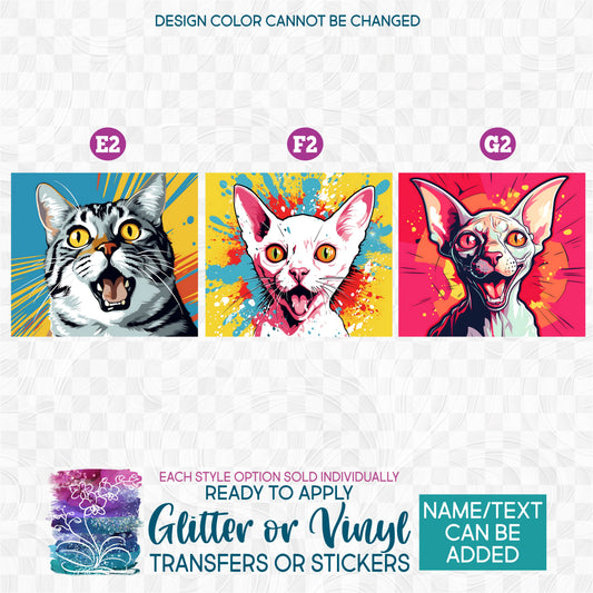 (s388-4) Pop Art Cats Glitter or Vinyl Iron-On Transfer or Sticker