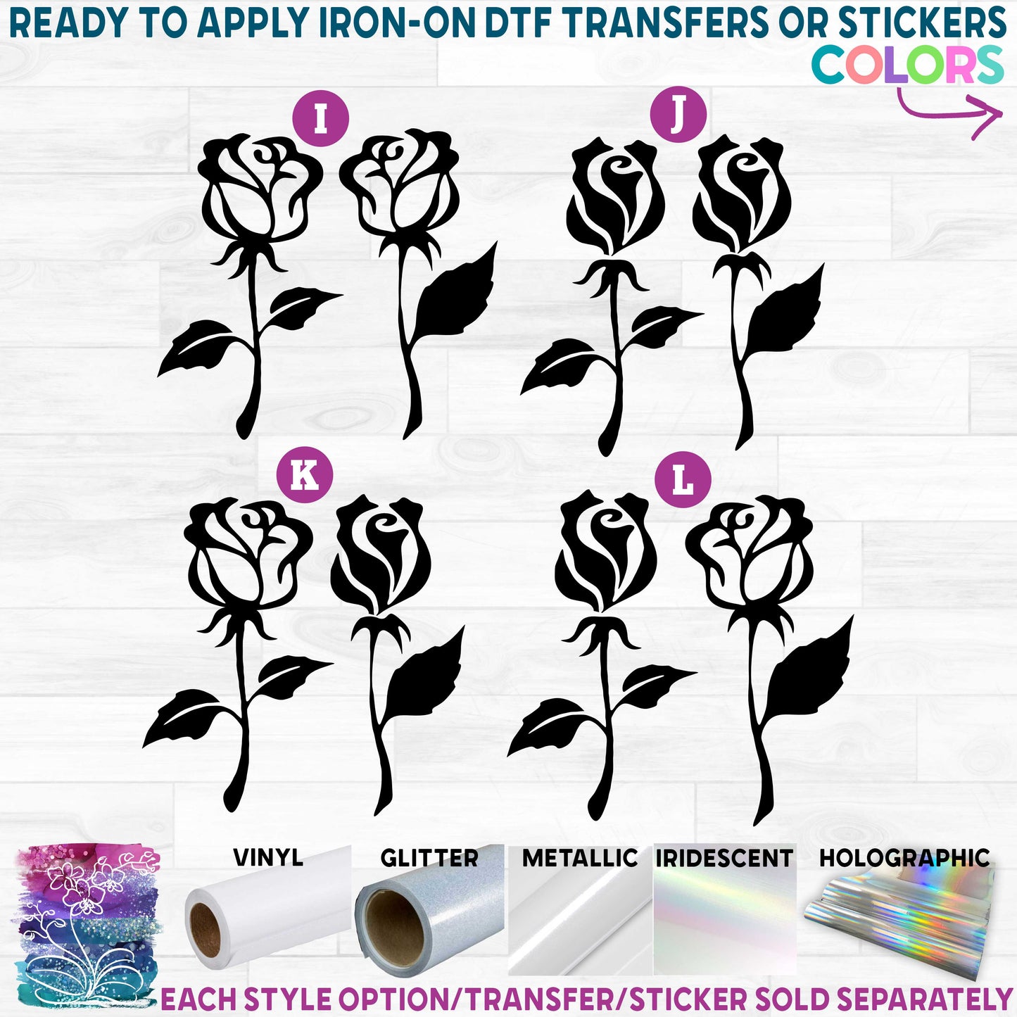 (s038-1) Long Stem Roses Rose Flowers Set 2 Printed Heat Transfer or Sticker