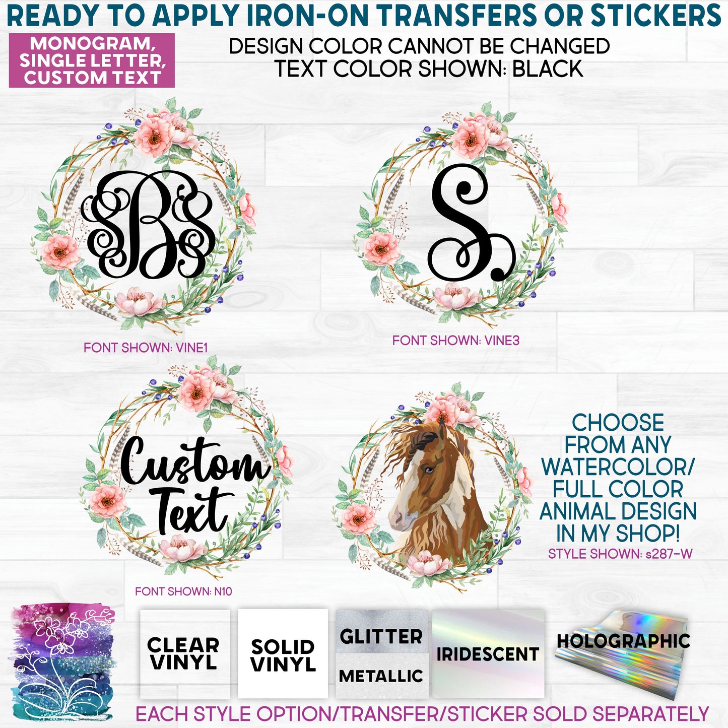 SBS-391-D Woodsy Rose Monogram Floral Watercolor Made-to-Order Iron-On Transfer or Sticker
