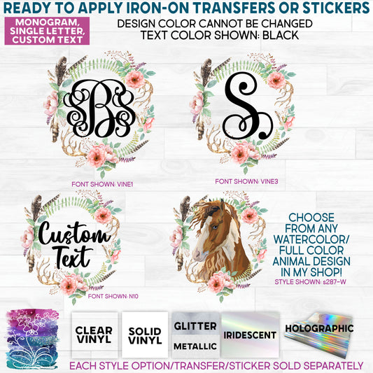 SBS-391-E Woodsy Rose Antlers Monogram Floral Watercolor Custom Printed Iron On Transfer or Sticker