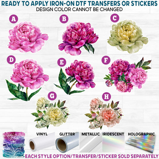 (s395) Peonies Pink Purple White Blush Watercolor Flowers Printed Heat Transfer or Sticker