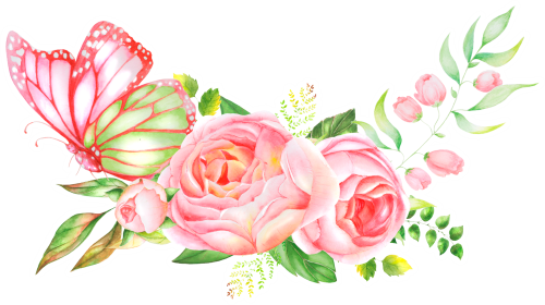 (s396-2-A) Pink Yellow Roses Butterflies Watercolor Flowers