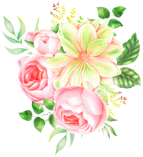 (s396-2-E) Pink Yellow Roses Watercolor Flowers