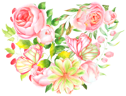 (s396-2-G) Pink Yellow Roses Butterflies Watercolor Flowers