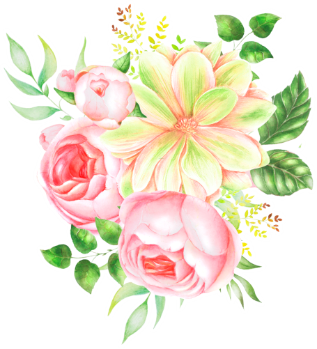 (s396-2-J) Pink Yellow Roses Watercolor Flowers