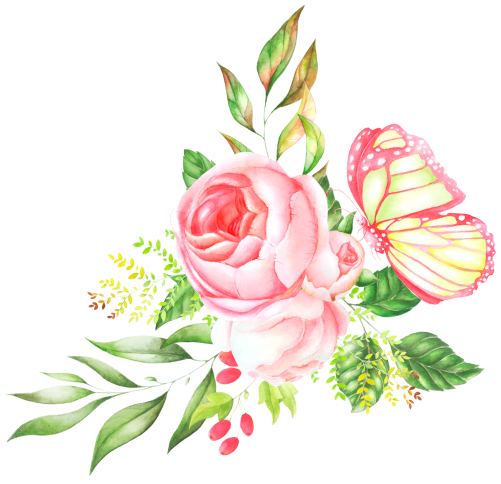 (s396-2-K) Pink Yellow Roses Butterflies Watercolor Flowers