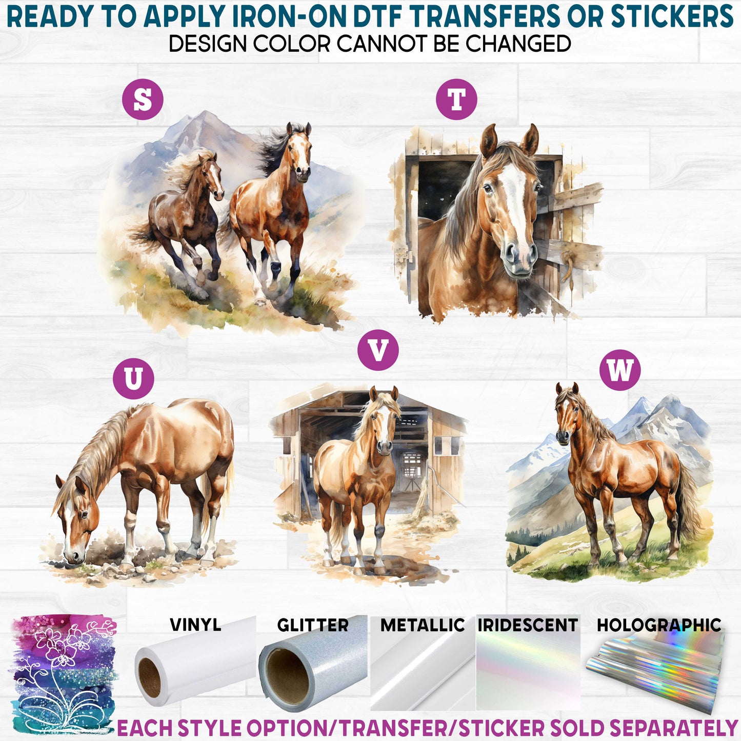 (s398) Horse Horses Watercolor d Printed Heat Transfer or Sticker