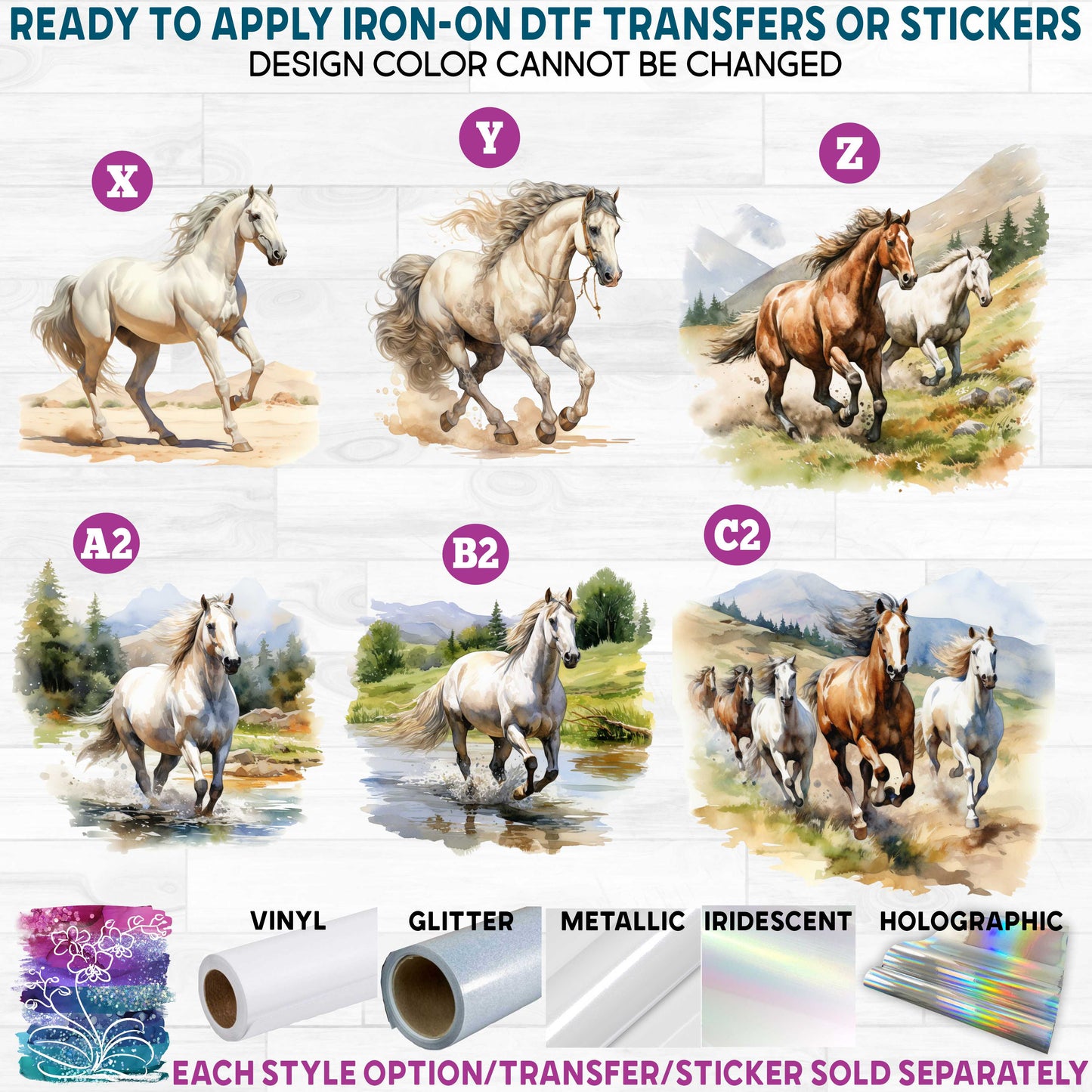 (s398) Horse Horses Watercolor c Printed Heat Transfer or Sticker