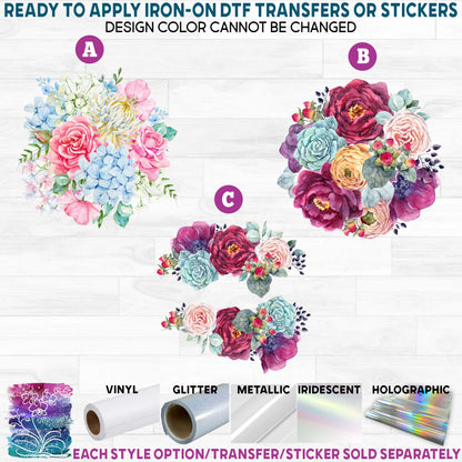 (s039) Floral Flowers Bouquets Watercolor Printed Heat Transfer or Sticker